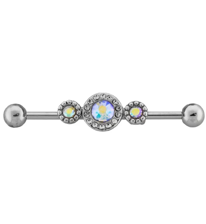 Triple Rainbow Aurora Swarovski CZ Stainless Steel Industrial Barbell