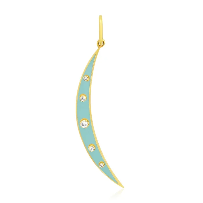Turquoise Enamel Slice of Moon Pendant Diamond 14kt Gold