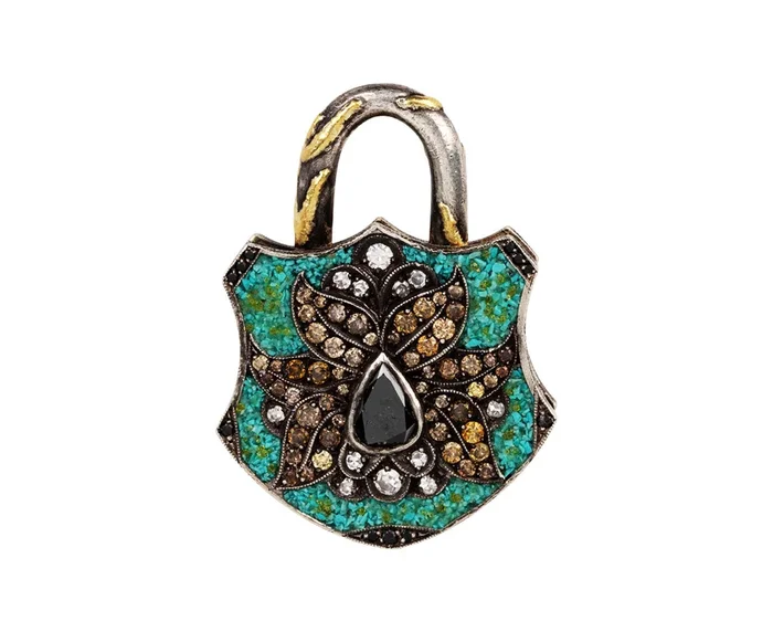 Turquoise Micro Mosaic and Fancy Diamond Flower Padlock Pendant