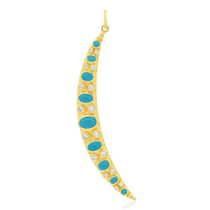Turquoise Samurai Crescent Moon Pendant Diamond 14kt Gold