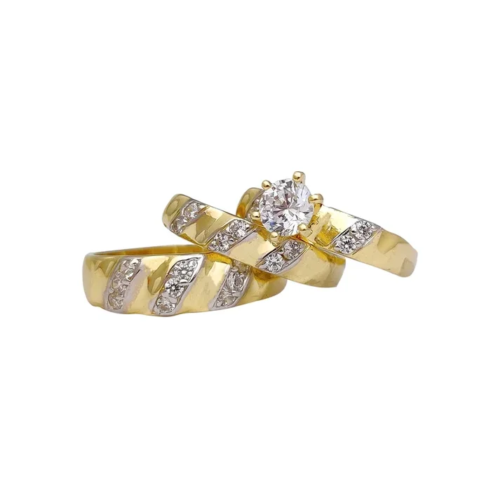 Two-Tone CZ Three-Piece Engagement Ring Set (14K)