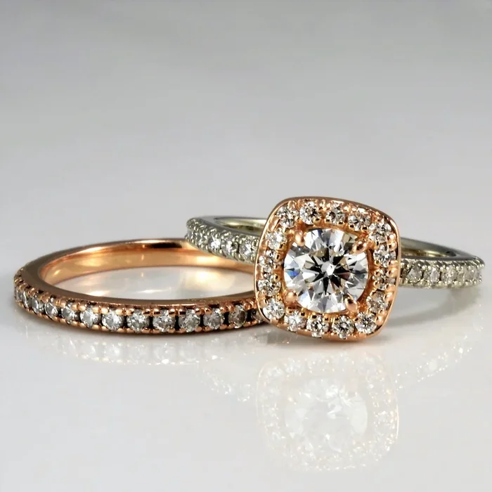 Two Tone Diamond Halo Wedding Set | 1.28ctw | SZ 5.5 |