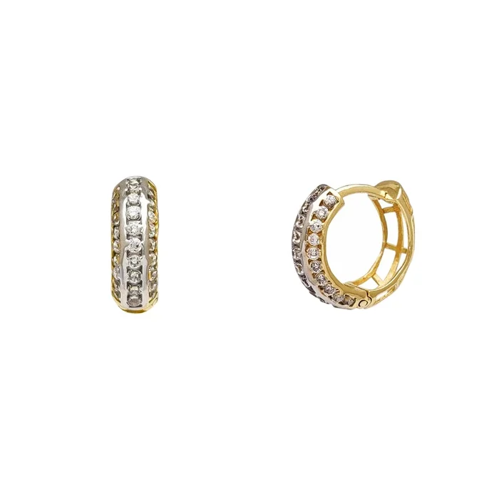 Two-Tone Tire Channel CZ Huggie Earrings (14K)