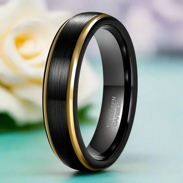 Unisex Black Tungsten Wedding Band with Gold Edges