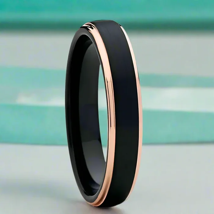 Unisex Black with Rose Gold Tungsten Wedding Band