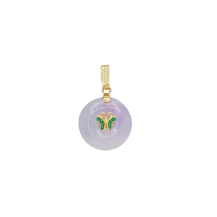Verdant Zirconia Butterfly Purple Jade Disc Pendant (14K)