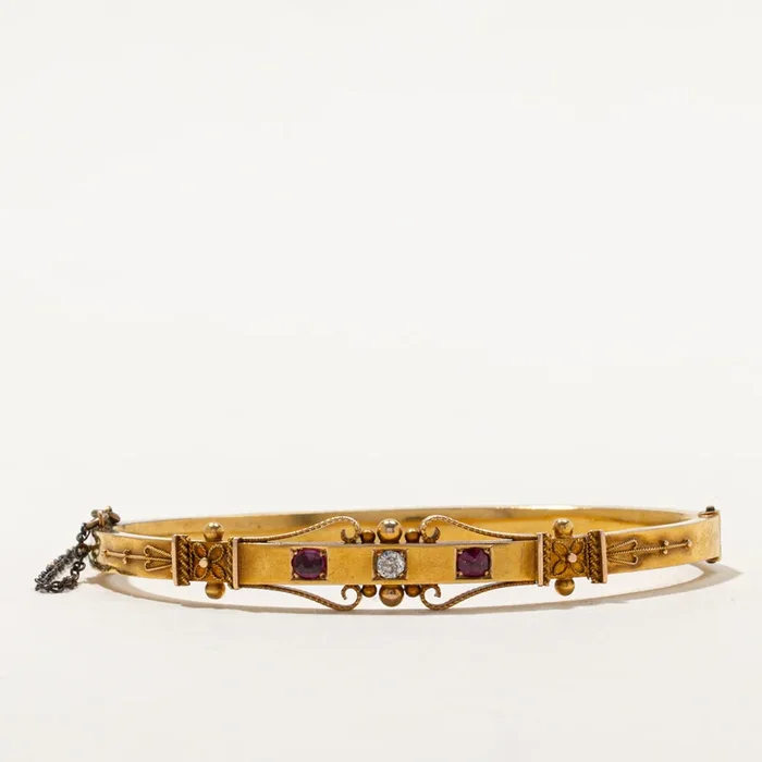 Victorian Old Mine Cut Diamond & Ruby Bangle | 0.10ct, 0.20ctw | 7.5″ |