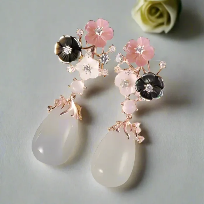 Vintage Sakura Flowers with Chalcedony Earrings