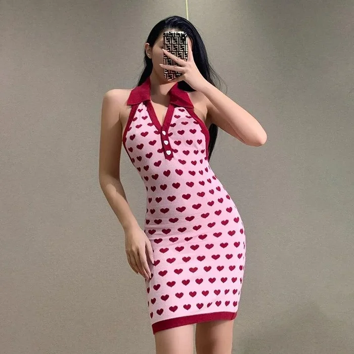 Vintage Women’s Polka Dot Patchwork Backless Halter Backless Bodycon Dress