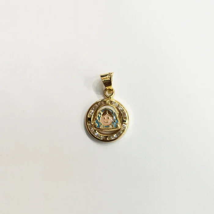 Virgin Mary CZ Mini Round Medallion Pendant (14K)