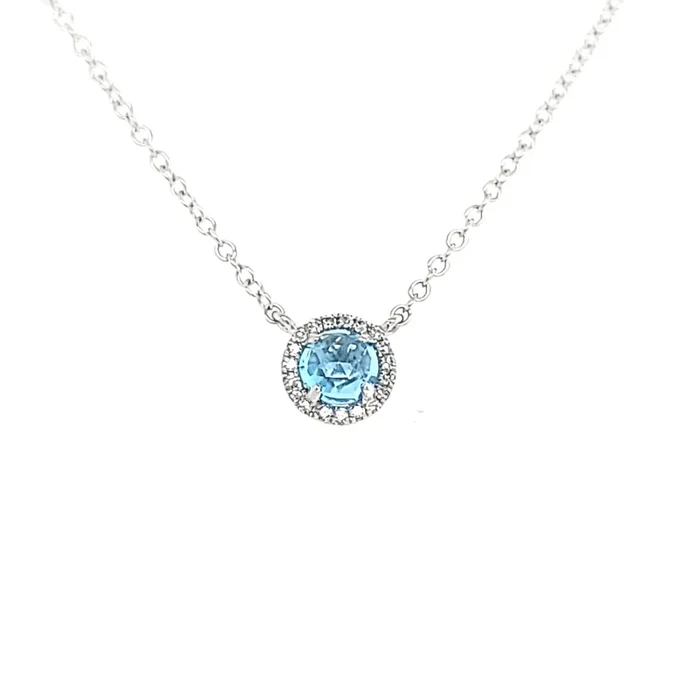 White Gold Blue Topaz Halo Necklace (I6470)