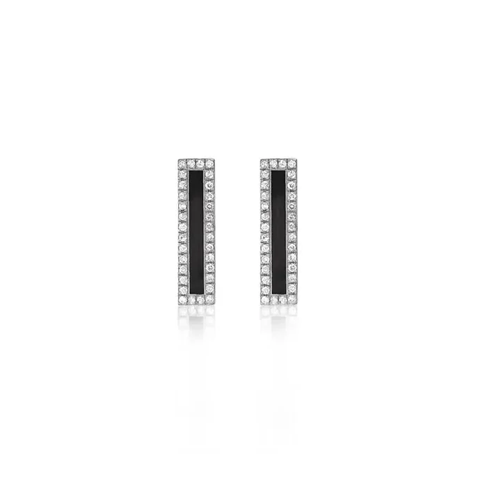 White Gold Onyx Inlay Long Bar Studs with Diamonds