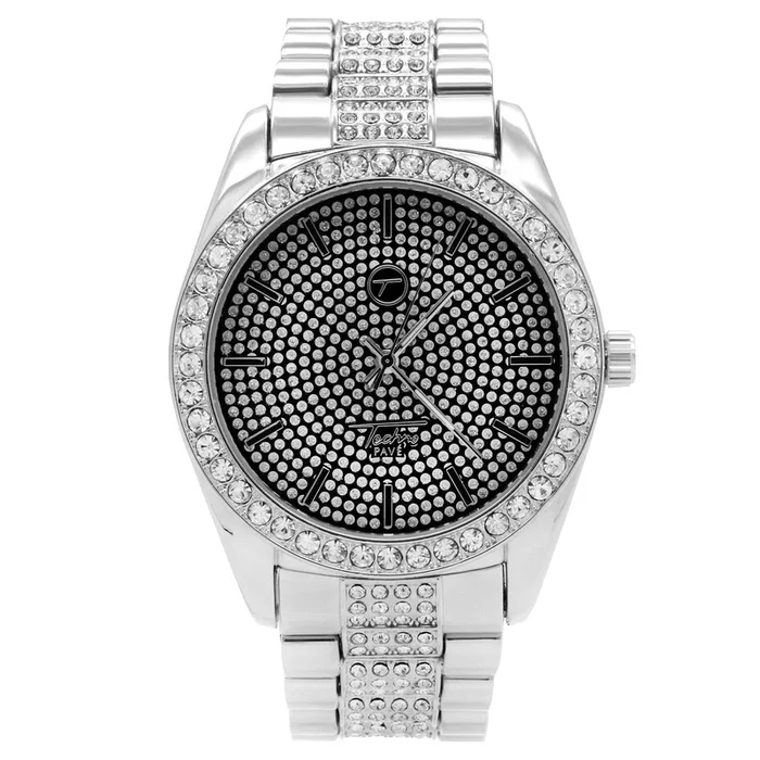 White Gold Plated Metal Fully Iced Out Techno Rolex Style Watch Techno Pave