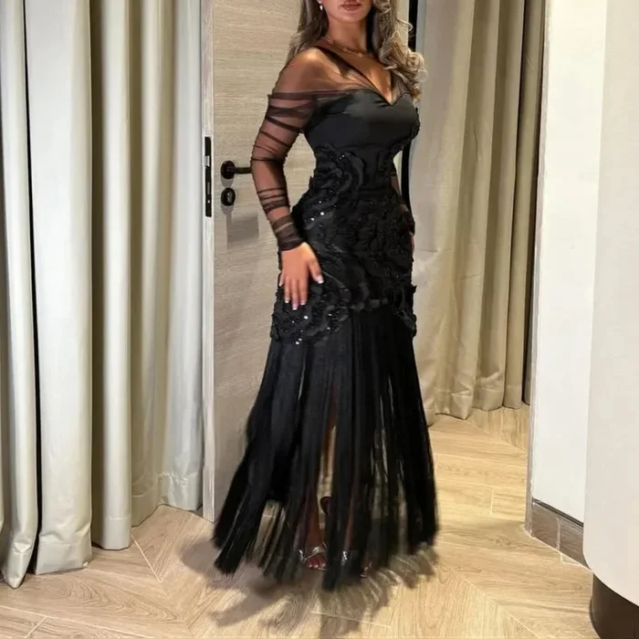 Women’s Black Luxury V-neck Long Sleeves Evening Dress for Special Occasions