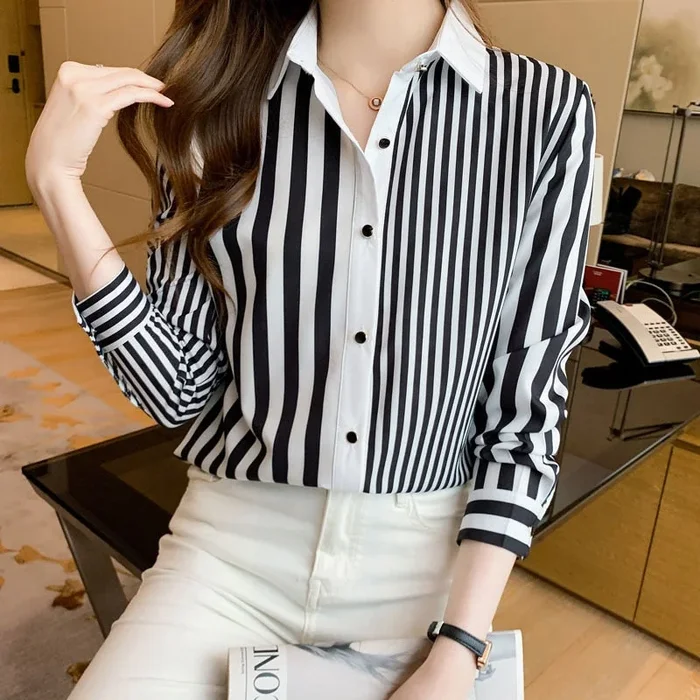 Women’s Casual Chiffon Striped Pattern V-neck Full Sleeves Shirts
