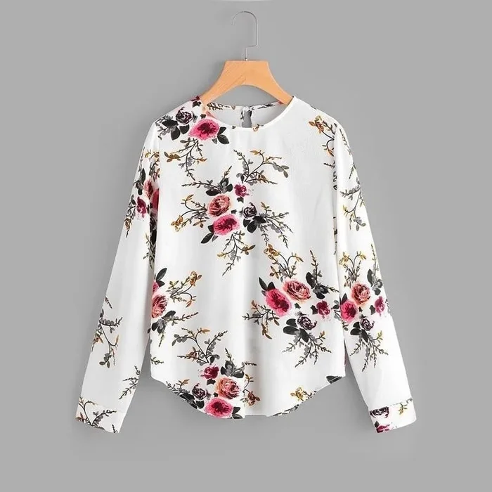 Women’s Curve Hem Long Sleeve Flower Printed Multicolor Blouse