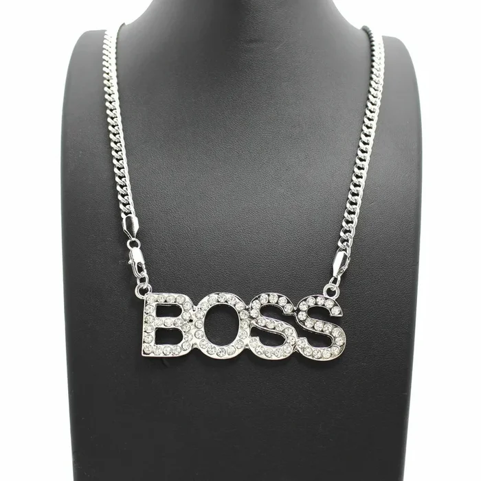 Women’s Fashion White Gold Plated CZ BOSS Pendant & 5mm 24″ Link Chain Necklace
