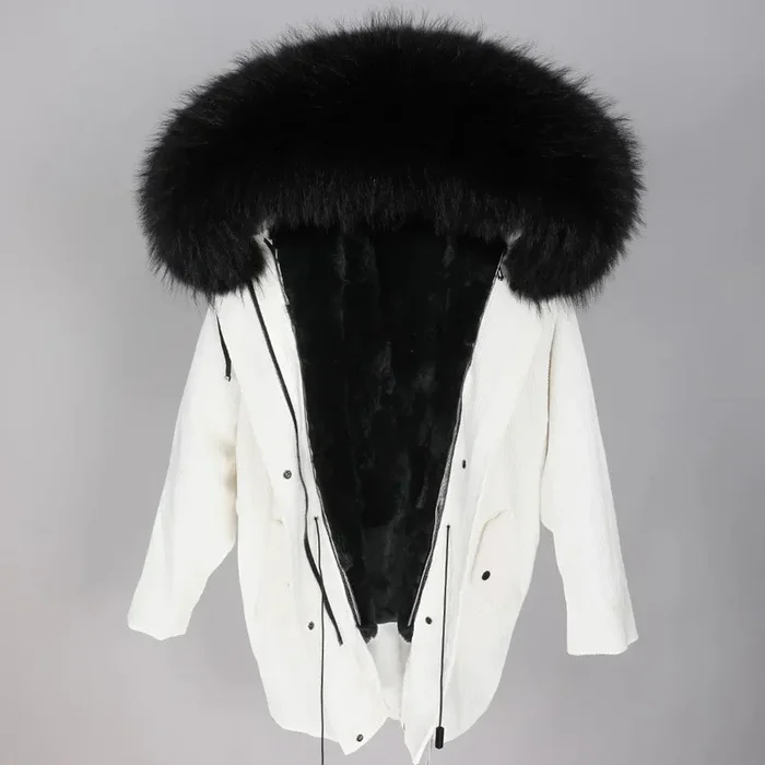 Women’s Real Raccoon Dog Fur Trim Hooded Collar Winter Warm Jacket