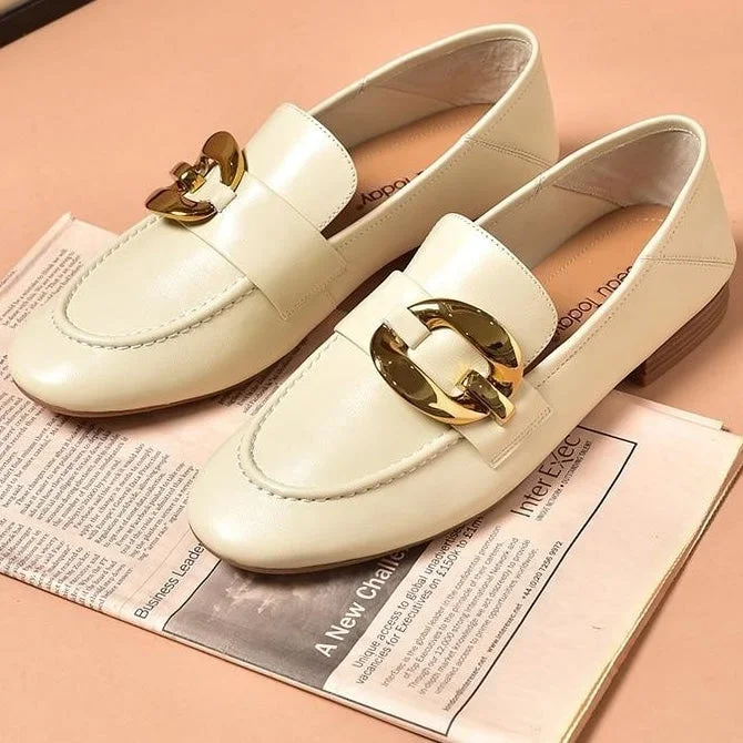 Women’s Sheepskin Round Toe Metal Ring Decor Slip-on Flats Loafers