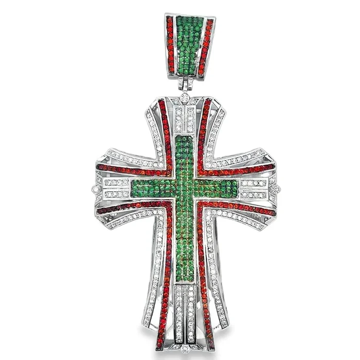 XL White Red & Green Cross CZ Iced Out Pendant
