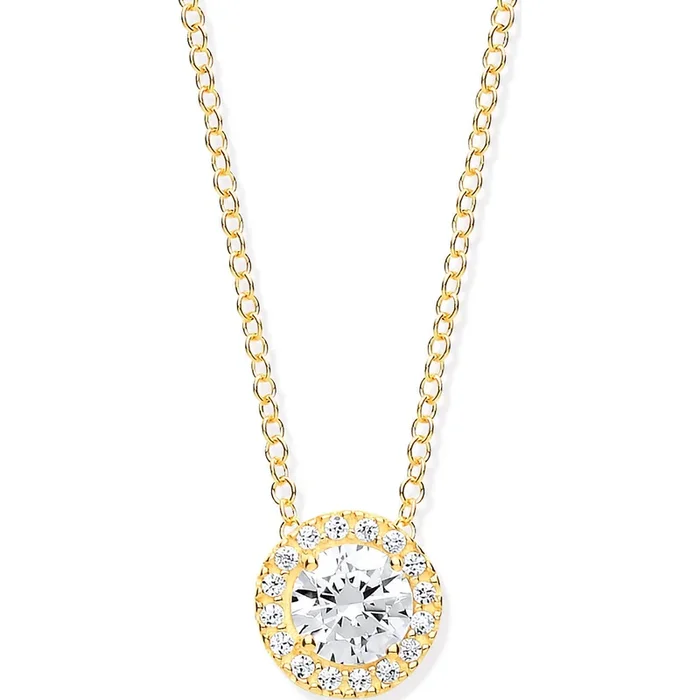 Y/G Round Cz Halo Pendant on 18″ Chain