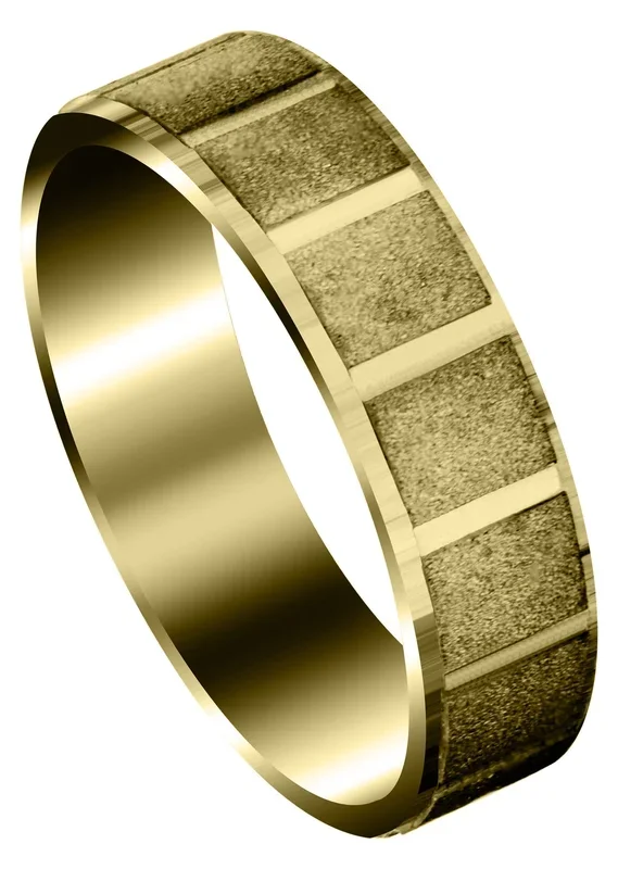 Yellow Gold Carved Diamond Cut Mens Wedding Band | Stone Finish (Micah)