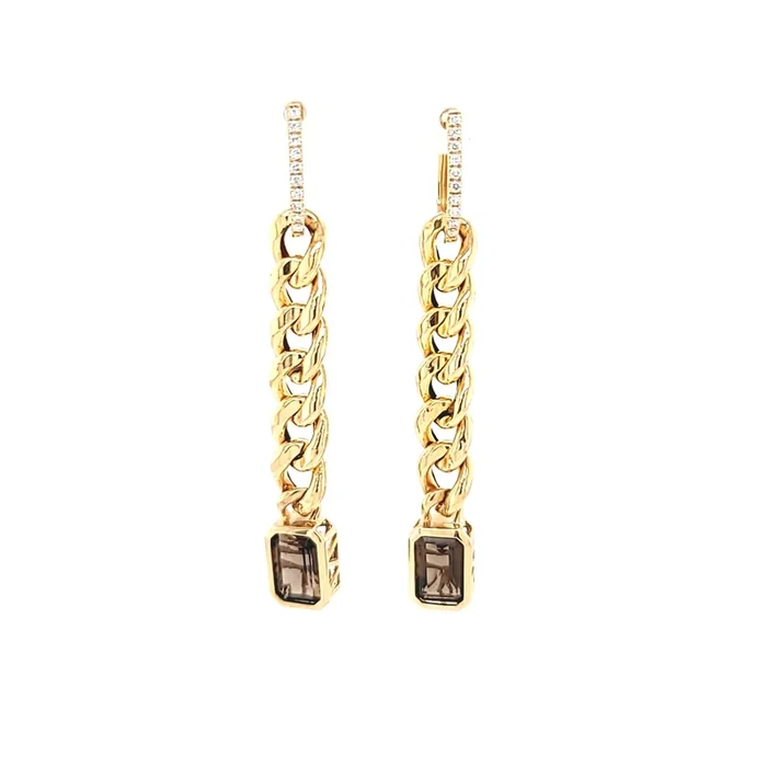 Yellow Gold Smokey Quartz Chain Dangle Earrings (I9537)