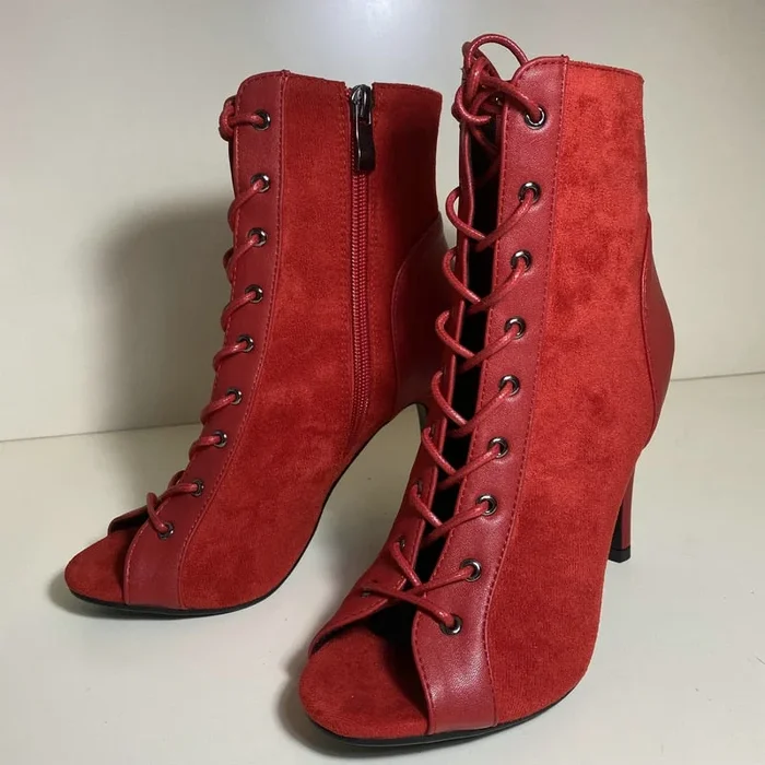 Zapatos de bota de tobillo de fiesta de tacón alto con cremallera y punta abierta roja sexy para mujer