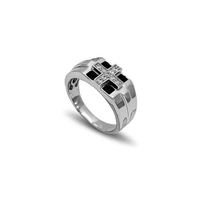 Zirconia Black Enamel Cross Checkered Men’s Ring (Silver)