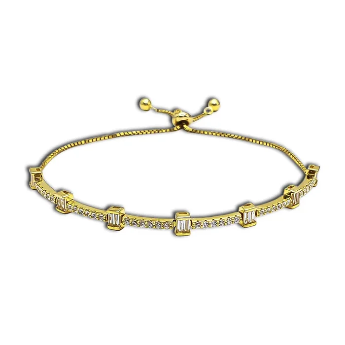 Zirconia Round & Baguettes Adjustable Bracelet (Silver)