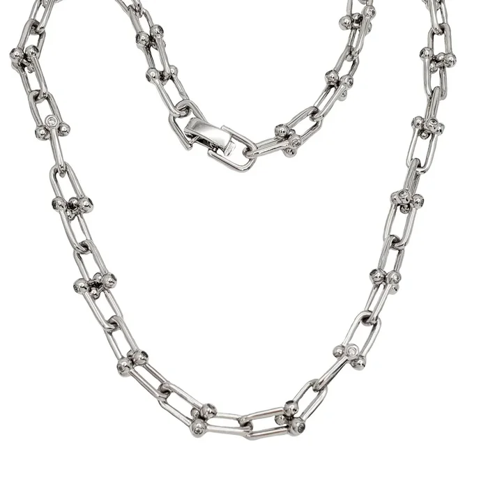 Zirconia Solid Beaded Paperclip Chain (Silver)