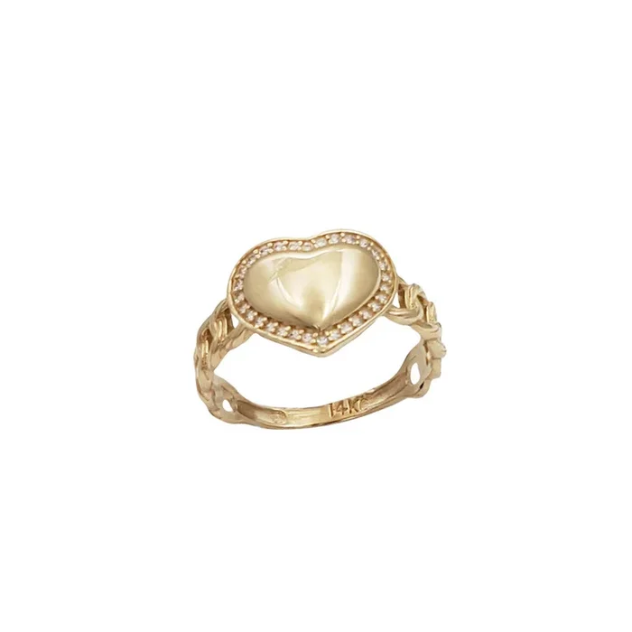 Zirconia Textured Cuban Chain Heart Ring (14K)
