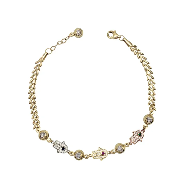 Zirconia Tricolor Hamsa Hand Fancy Lady Bracelet (14K)